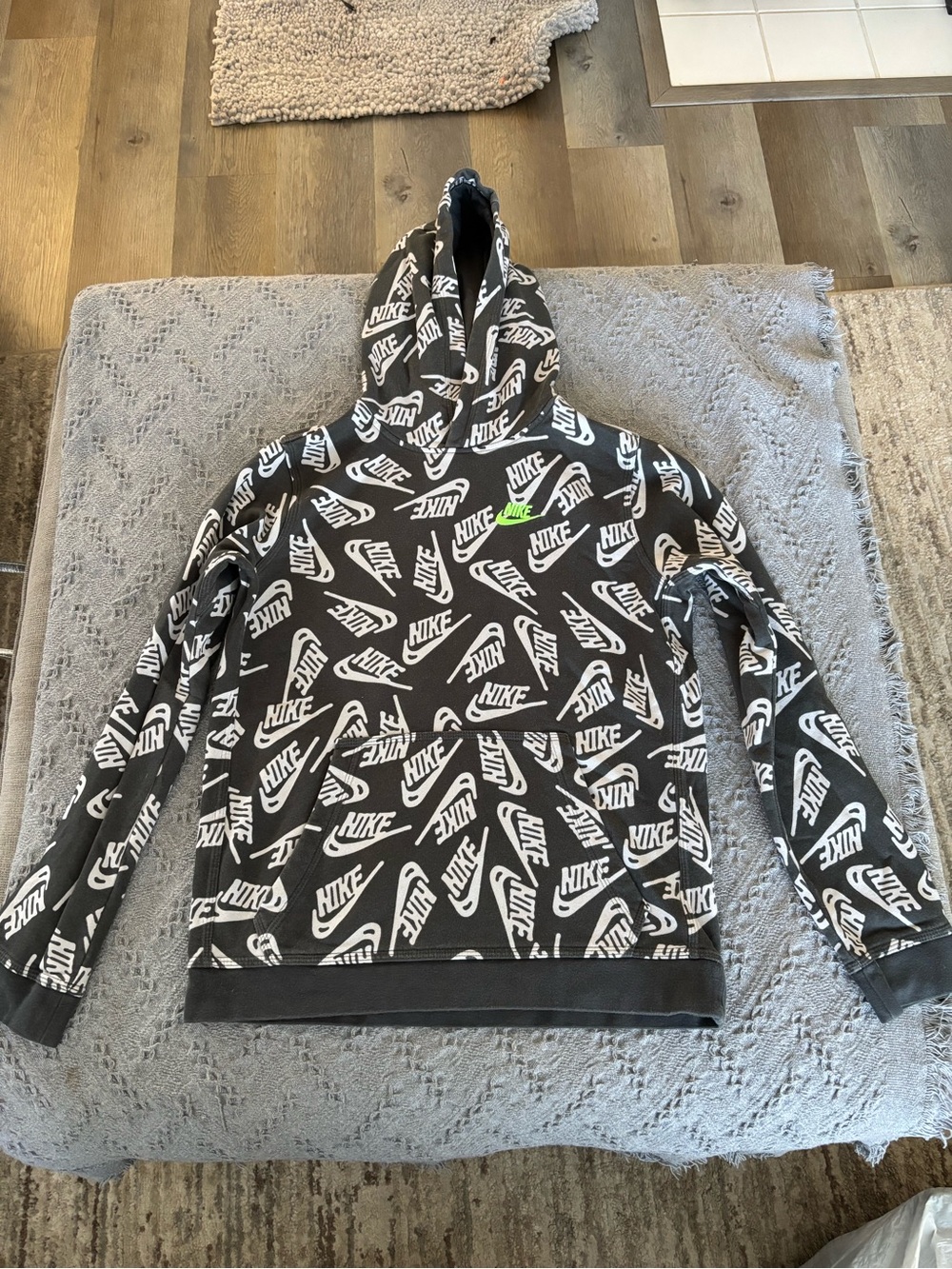 Nike Black & White Allover Logo Hoodie with Neon Green Accent